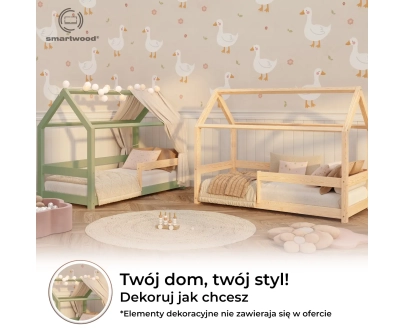 Łóżko domek dla dziecka z barierką i stelażem MILO Montessori Drewniane