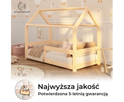 Łóżko domek dla dziecka z barierką i stelażem MILO Montessori Drewniane
