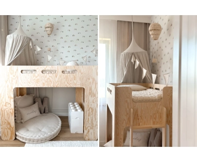 Łóżko piętrowe pojedyncze dla dziecka z antresolą  MIMI A Montessori Drewniane