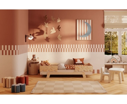 Łóżko pojedyncze dla dzieci z barierkami i stelażem PUZZLE BR2 Montessori Drewniane