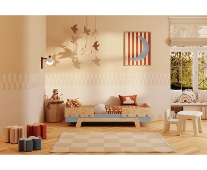 Łóżko pojedyncze dla dzieci z barierkami i stelażem PUZZLE BR2 Montessori Drewniane