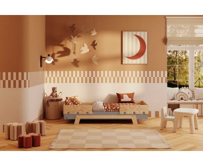 Łóżko pojedyncze dla dzieci z barierkami i stelażem PUZZLE BR2 Montessori Drewniane