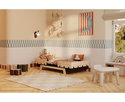 Łóżko pojedyncze dla dzieci z barierkami i stelażem PUZZLE BR2 Montessori Drewniane