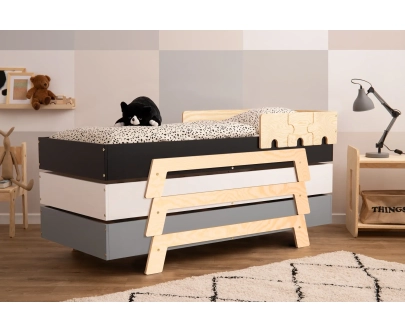 Łóżko pojedyncze dla dzieci z barierkami i stelażem PUZZLE BR2 Montessori Drewniane