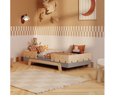 Łóżko pojedyncze dla dzieci z barierkami i stelażem PUZZLE BR2 Montessori Drewniane