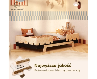 Łóżko pojedyncze dla dzieci z barierkami i stelażem PUZZLE BR2 Montessori Drewniane