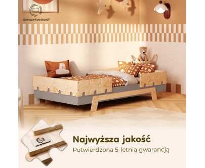 Łóżko pojedyncze dla dzieci z barierkami i stelażem PUZZLE BR2 Montessori Drewniane