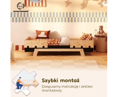 Łóżko pojedyncze dla dzieci z barierkami i stelażem PUZZLE BR2 Montessori Drewniane