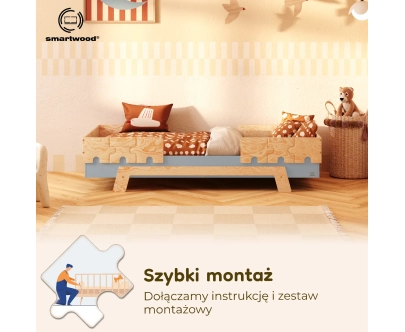 Łóżko pojedyncze dla dzieci z barierkami i stelażem PUZZLE BR2 Montessori Drewniane