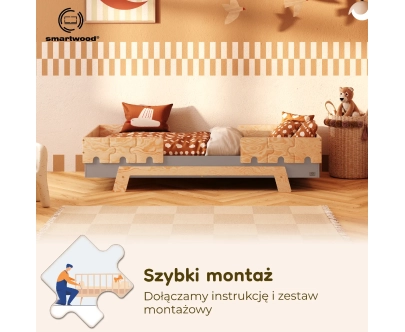 Łóżko pojedyncze dla dzieci z barierkami i stelażem PUZZLE BR2 Montessori Drewniane