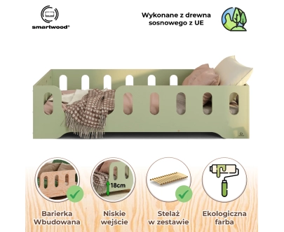 Łóżko pojedyncze dla dzieci z barierką i stelażem TILA 2 Montessori Drewniane