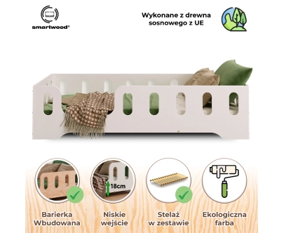 Łóżko pojedyncze dla dzieci z barierką i stelażem TILA 2 Montessori Drewniane