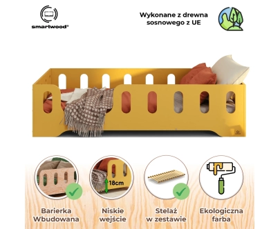 Łóżko pojedyncze dla dzieci z barierką i stelażem TILA 2 Montessori Drewniane