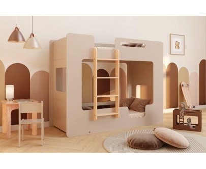 Łóżko piętrowe dla dzieci z barierkami i stelażem MIMI B Montessori Drewniane