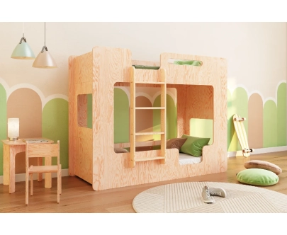 Łóżko piętrowe dla dzieci z barierkami i stelażem MIMI B Montessori Drewniane