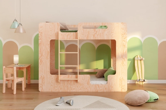 Łóżko piętrowe dla dzieci z barierkami i stelażem MIMI B Montessori Drewniane