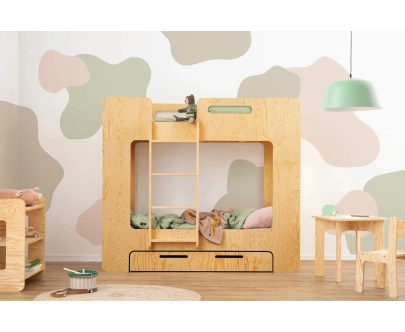 Łóżko piętrowe dla dzieci z szufladą i stelażem MIMI D Montessori Drewniane
