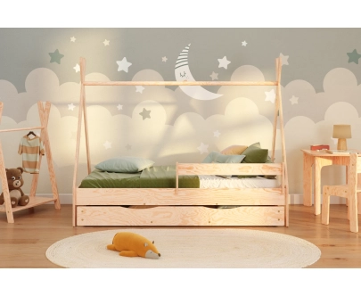 Łóżko domek dla dziecka z szufladą, barierką i stelażem TIPI D Montessori Drewniane