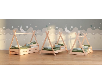 Łóżko domek dla dziecka z szufladą, barierką i stelażem TIPI D Montessori Drewniane