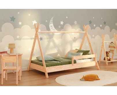 Łóżko domek dla dziecka z barierką i stelażem TIPI Montessori Drewniane