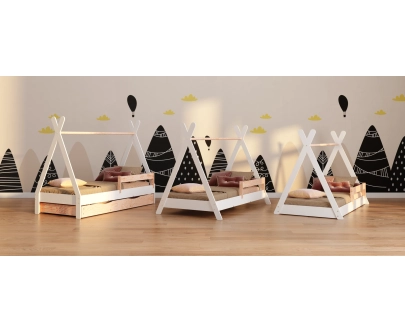 Łóżko domek podłogowe z barierką i stelażem TIPI F Montessori Drewniane