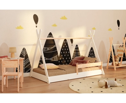 Łóżko domek podłogowe z barierką i stelażem TIPI F Montessori Drewniane