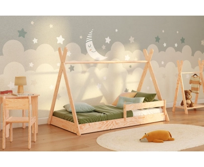 Łóżko domek podłogowe z barierką i stelażem TIPI F Montessori Drewniane