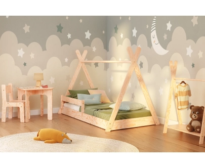 Łóżko domek podłogowe z barierką i stelażem TIPI F Montessori Drewniane