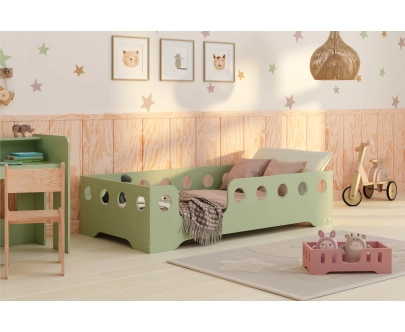 Łóżko pojedyncze dla dzieci z barierką i stelażem TILA 4 Montessori Drewniane