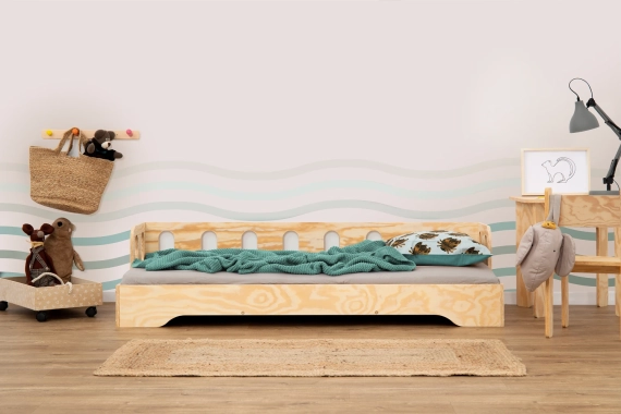 Łóżko pojedyncze dla dzieci z barierką i stelażem sofa TILA 1S Montessori Drewniane