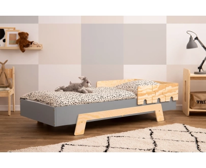 Łóżko pojedyncze dla dzieci z barierką i stelażem PUZZLE BR1 Montessori Drewniane