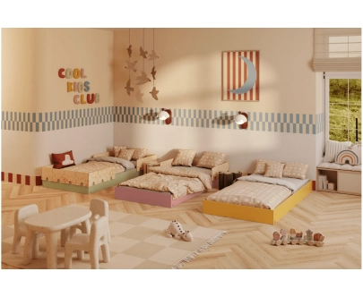 Łóżko pojedyncze dla dzieci z barierką i stelażem PUZZLE BR1 Montessori Drewniane