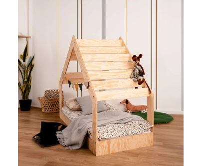 Łóżko domek dla dziecka z niską konstrukcją i stelażem MOON G Montessori Drewniane