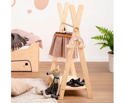 Wieszak na ubrania dla dzieci z półką na buty TIPI Montessori  Drewniany