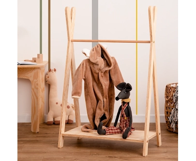 Wieszak na ubrania dla dzieci z półką na buty TIPI Montessori  Drewniany
