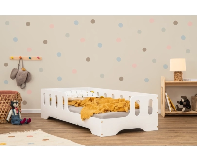 Łóżko pojedyncze dla dzieci z barierką i stelażem TILA 1 Montessori Drewniane