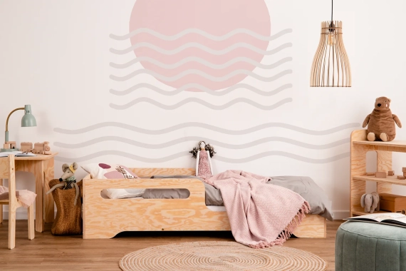 Łóżko pojedyncze dla dzieci z barierką i stelażem TILA 3 Montessori Drewniane