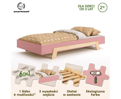 Łóżko pojedyncze dla dzieci ze stelażem PUZZLE Montessori Drewniane