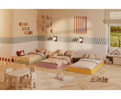 Łóżko pojedyncze dla dzieci ze stelażem PUZZLE Montessori Drewniane