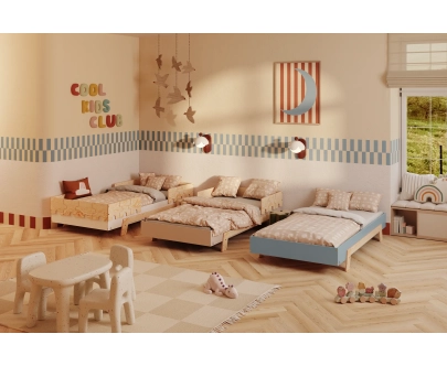 Łóżko pojedyncze dla dzieci ze stelażem PUZZLE Montessori Drewniane