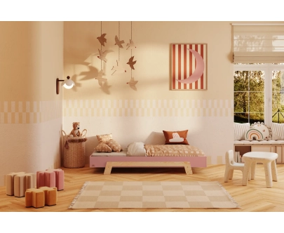 Łóżko pojedyncze dla dzieci ze stelażem PUZZLE Montessori Drewniane