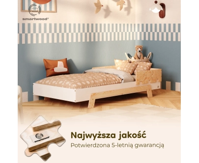 Łóżko pojedyncze dla dzieci z barierką i stelażem PUZZLE BR1 Montessori Drewniane