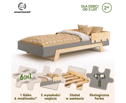 Łóżko pojedyncze dla dzieci z barierką i stelażem PUZZLE BR1 Montessori Drewniane