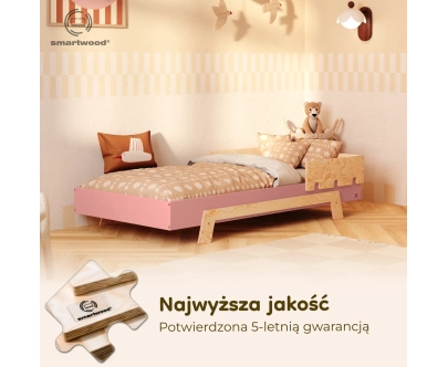 Łóżko pojedyncze dla dzieci z barierką i stelażem PUZZLE BR1 Montessori Drewniane