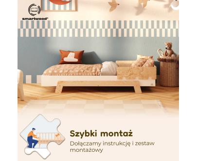 Łóżko pojedyncze dla dzieci z barierką i stelażem PUZZLE BR1 Montessori Drewniane