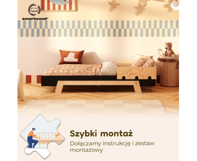 Łóżko pojedyncze dla dzieci z barierką i stelażem PUZZLE BR1 Montessori Drewniane