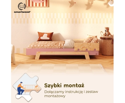 Łóżko pojedyncze dla dzieci z barierką i stelażem PUZZLE BR1 Montessori Drewniane