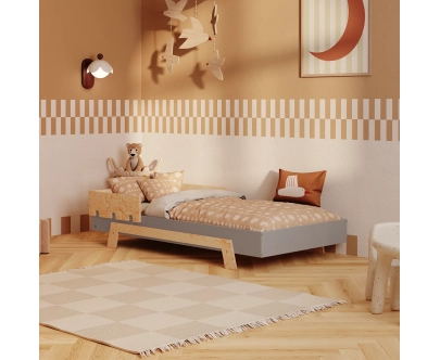 Łóżko pojedyncze dla dzieci z barierką i stelażem PUZZLE BR1 Montessori Drewniane