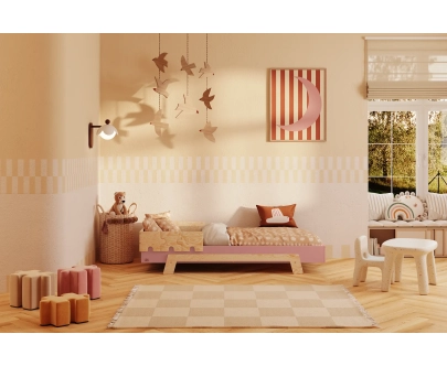 Łóżko pojedyncze dla dzieci z barierką i stelażem PUZZLE BR1 Montessori Drewniane