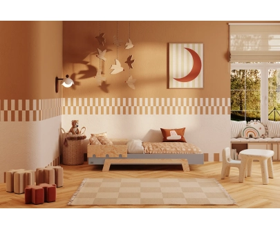 Łóżko pojedyncze dla dzieci z barierką i stelażem PUZZLE BR1 Montessori Drewniane